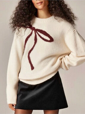 J. Crew Relaxed Merino Wool Blend Crewneck Pullover bow print Sweater Sz XL NWT